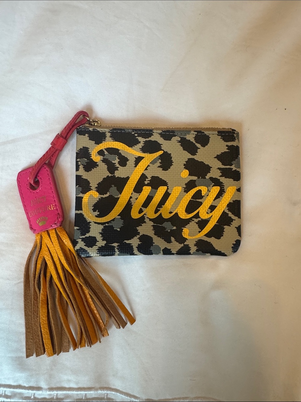 Juicy Couture Leopard Card Holder with Yellow Script, Pink Tag & Tan Tassel